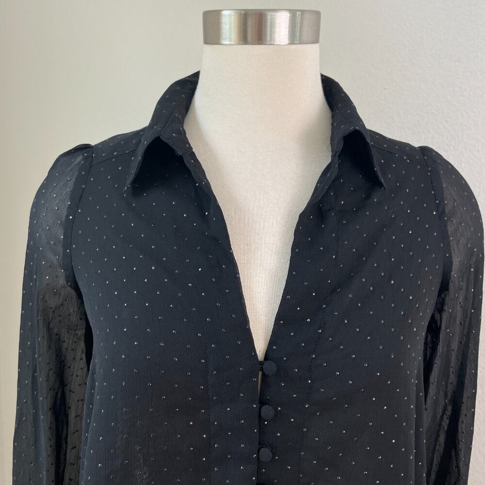Zara Womens XS‎ Black Sheer Button Up Blouse Long Sleeve Shirt Top - Picture 2 of 16